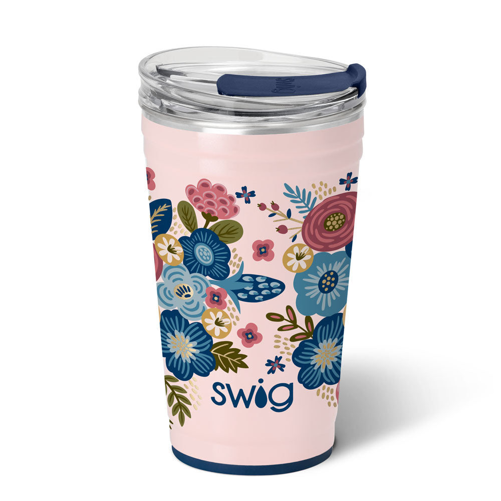 24oz insulated stainless steel party cup in light pink with a colorful floral pattern.