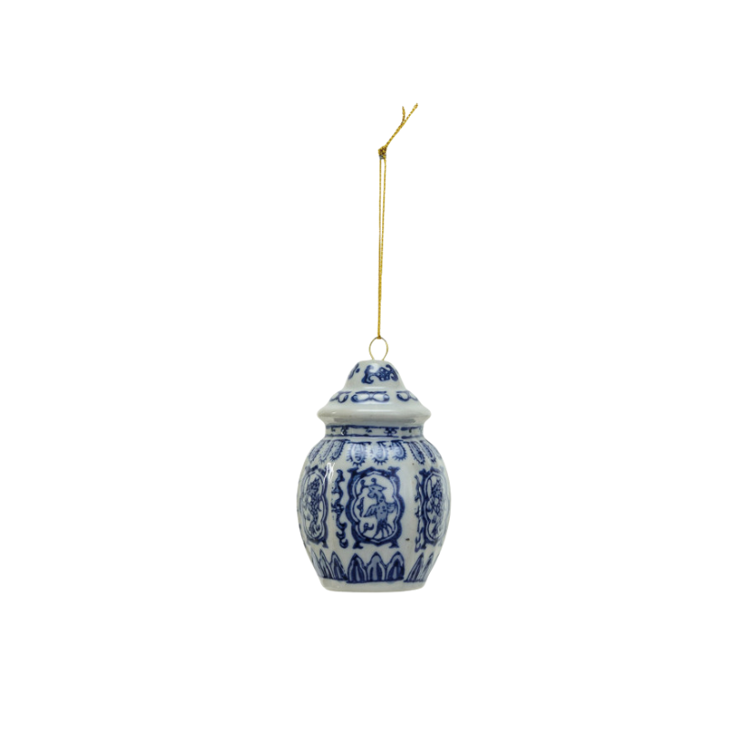 Blue and white stoneware ginger jar ornament with traditional patterns and a gold hanging string.