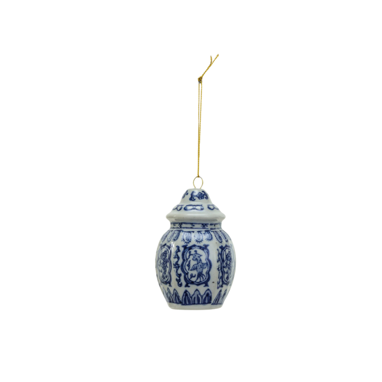 Blue and white stoneware ginger jar ornament with traditional patterns and a gold hanging string.