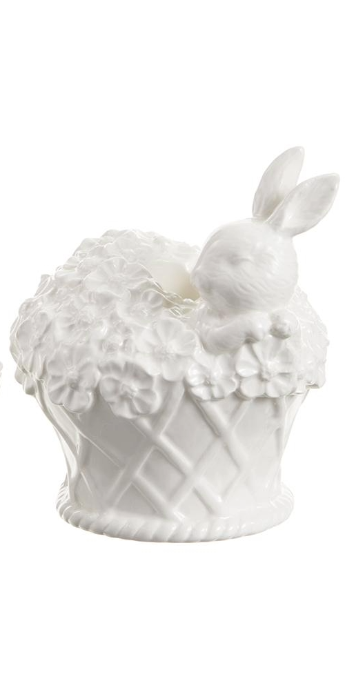 Bunny-shaped ceramic taper holder made from dolomite with a round silhouette.