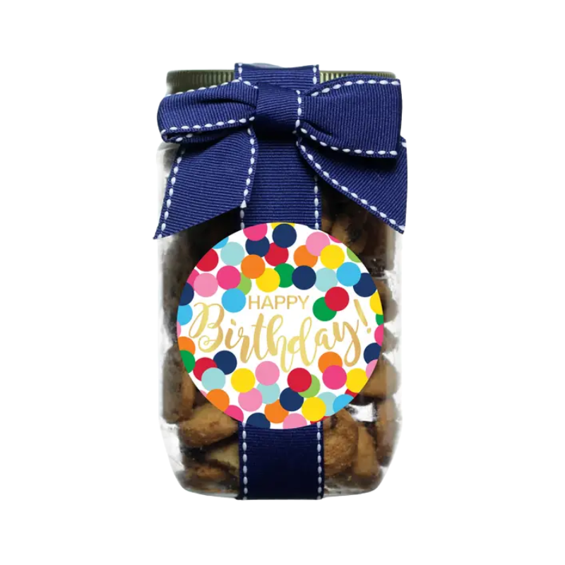 Confetti Dot Cookie Pint Jar with a blue ribbon and a colorful Happy Birthday sticker.