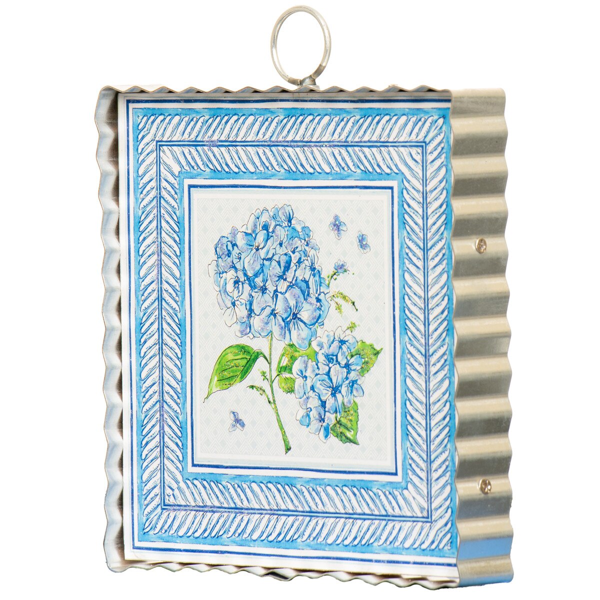 Mini Beck's Hydrangea hanging planter with a white ceramic pot featuring blue hydrangea floral pattern.