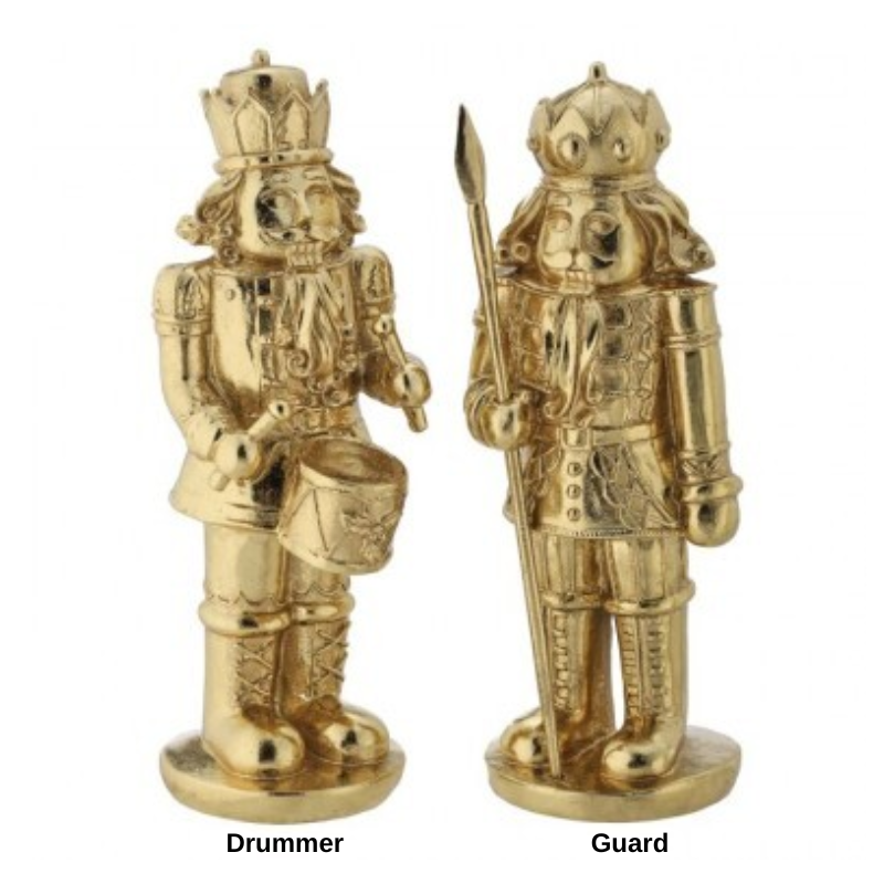 Two 12-inch gold resin nutcracker figurines, one a drummer and one a guard with a spear.