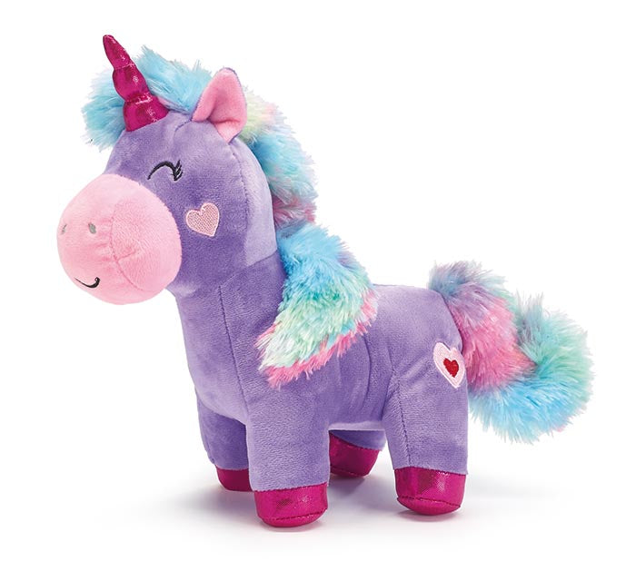 Lavender unicorn figurine with rainbow fur tail, measuring 11 inches tall.