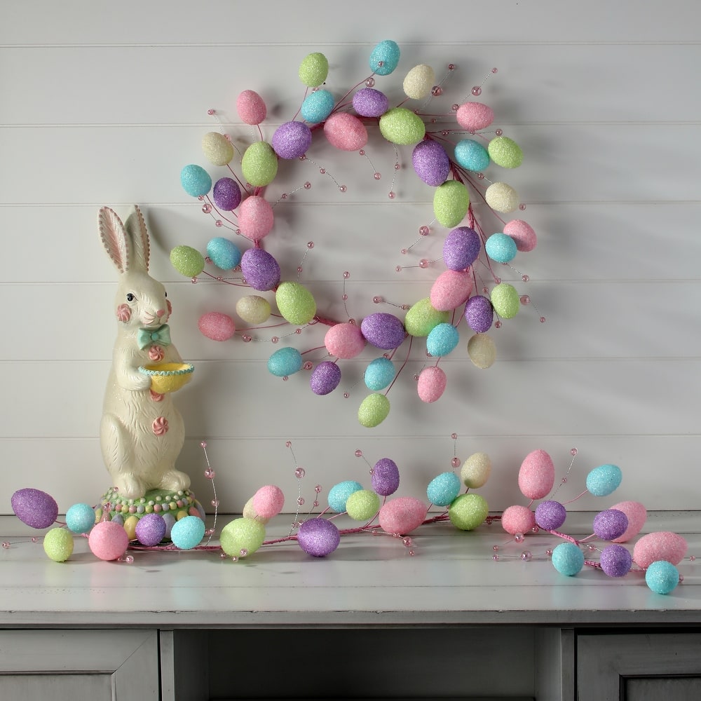 48-inch plastic Easter egg garland with bead accents in assorted colors.
