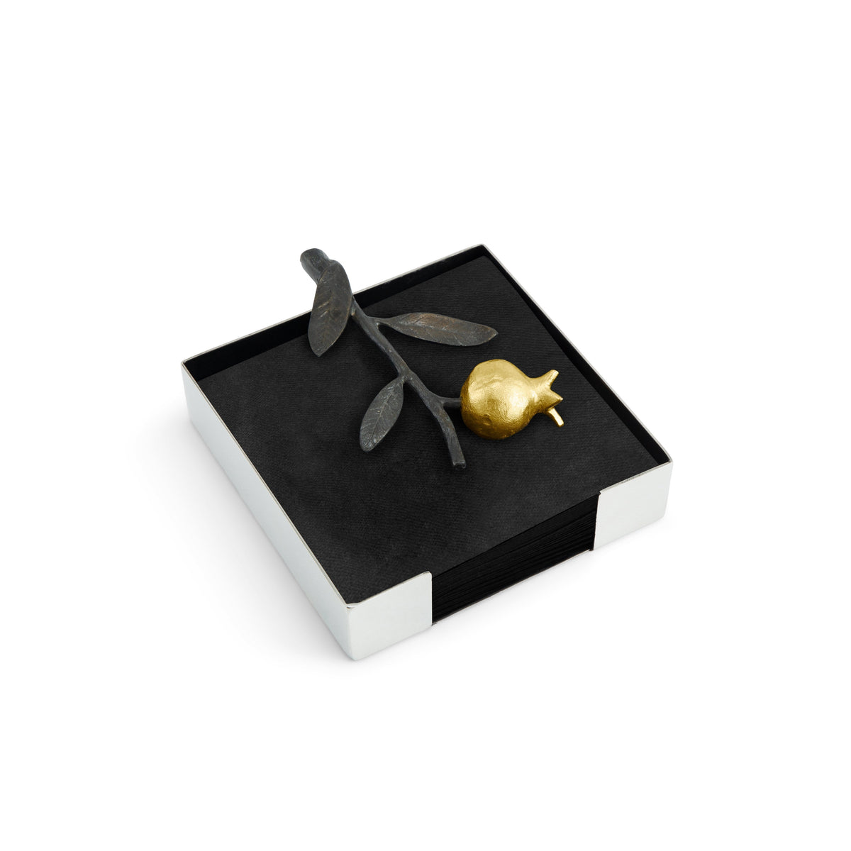 Oxidized brass cocktail napkin holder with black powdercoat finish holding marbled paper napkins.