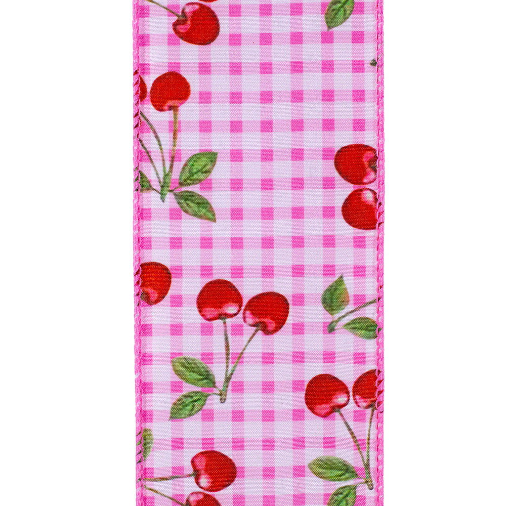 Roll of gingham-patterned wired edge fabric in cherry red with white checks.