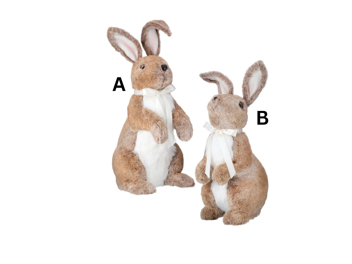 Standing faux fur bunny with bendable ears, realistic nose, ribbon bow, measuring 22 inches tall.