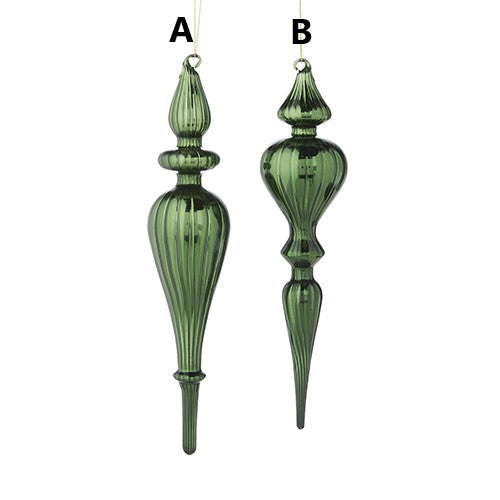 Two green glass finial ornaments with ribbed textures and pointed ends, labeled A and B.