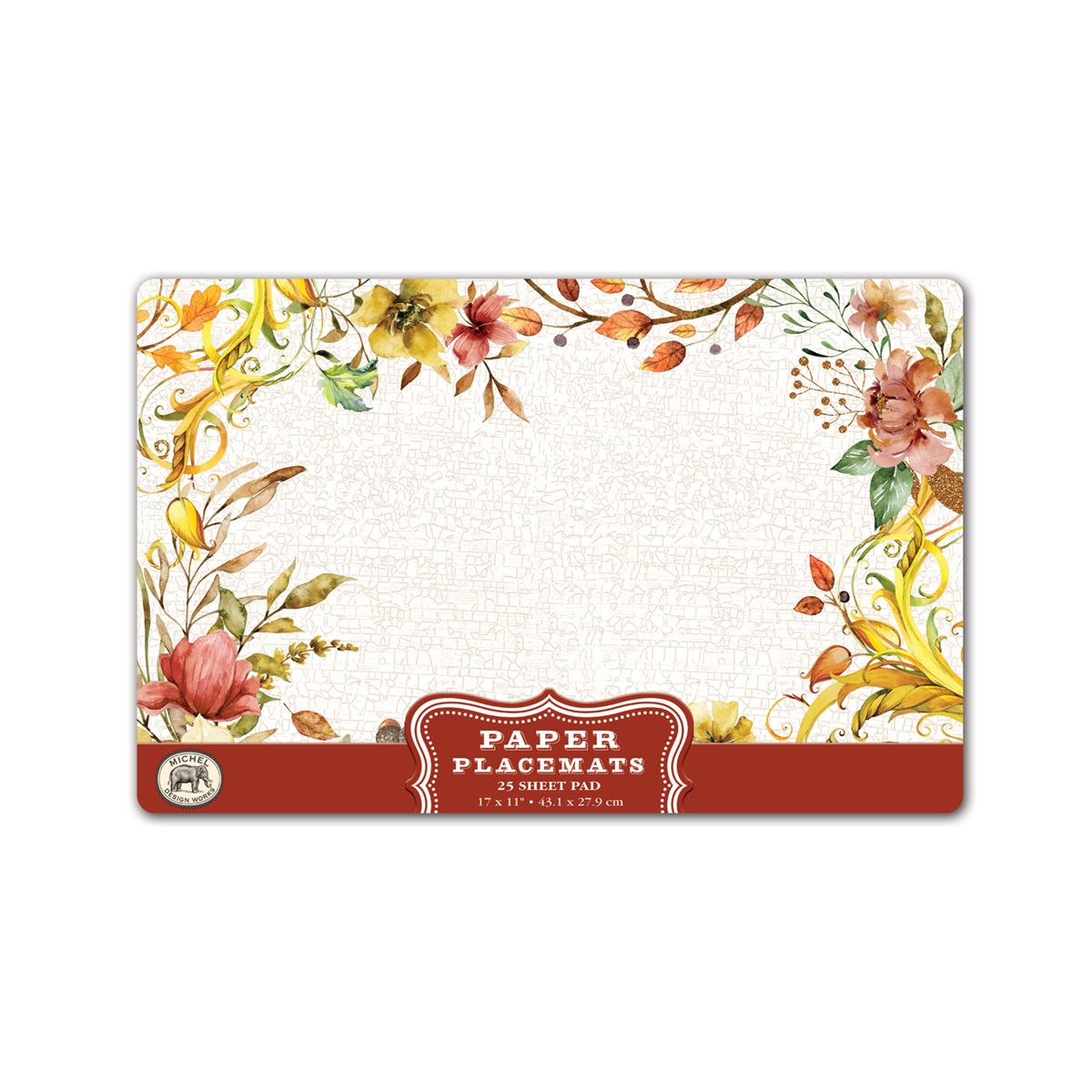 Fall Harvest paper placemats with a seasonal leaf pattern printed in soy-based ink.