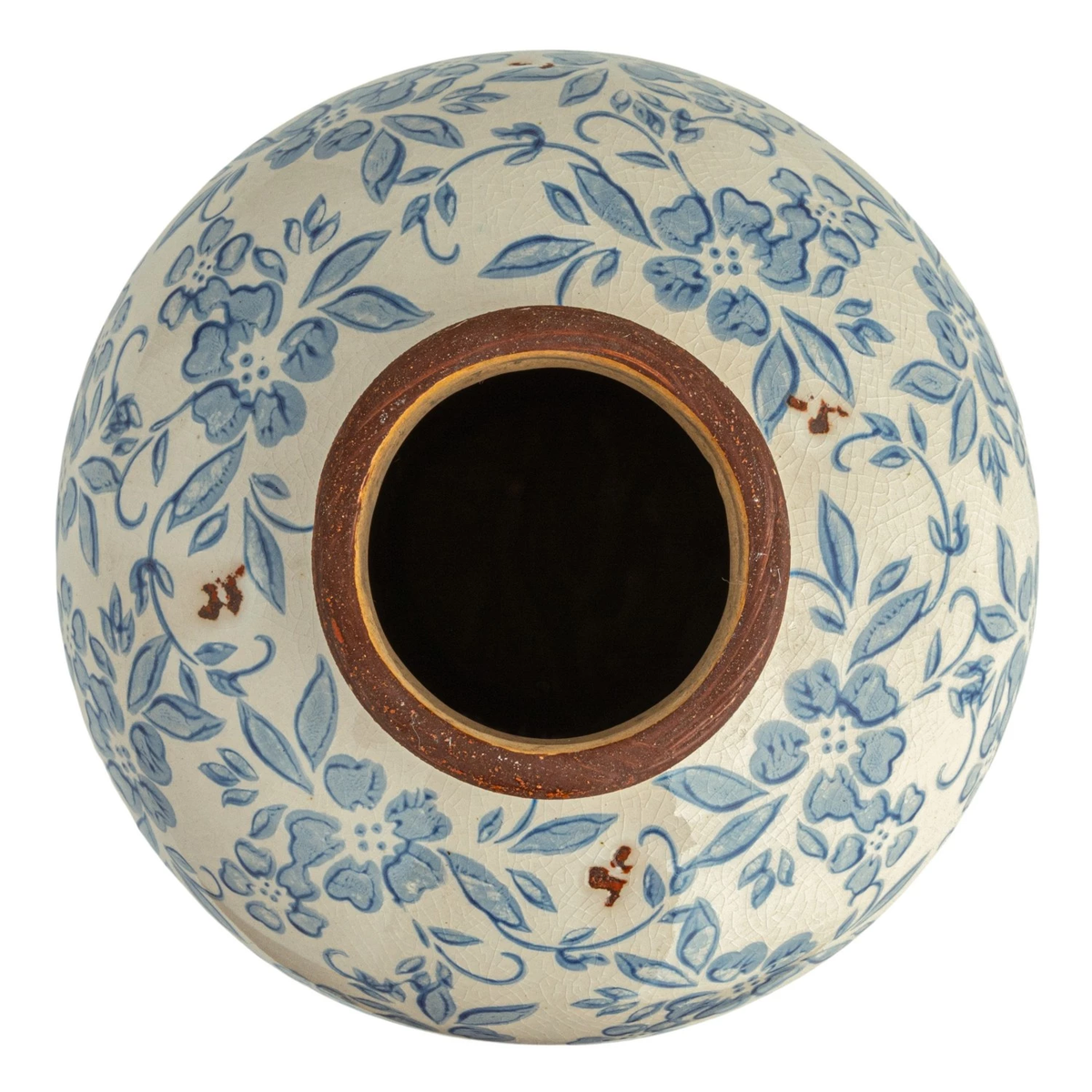 Round terracotta vase featuring a transferware floral pattern with an 8-inch height and diameter.