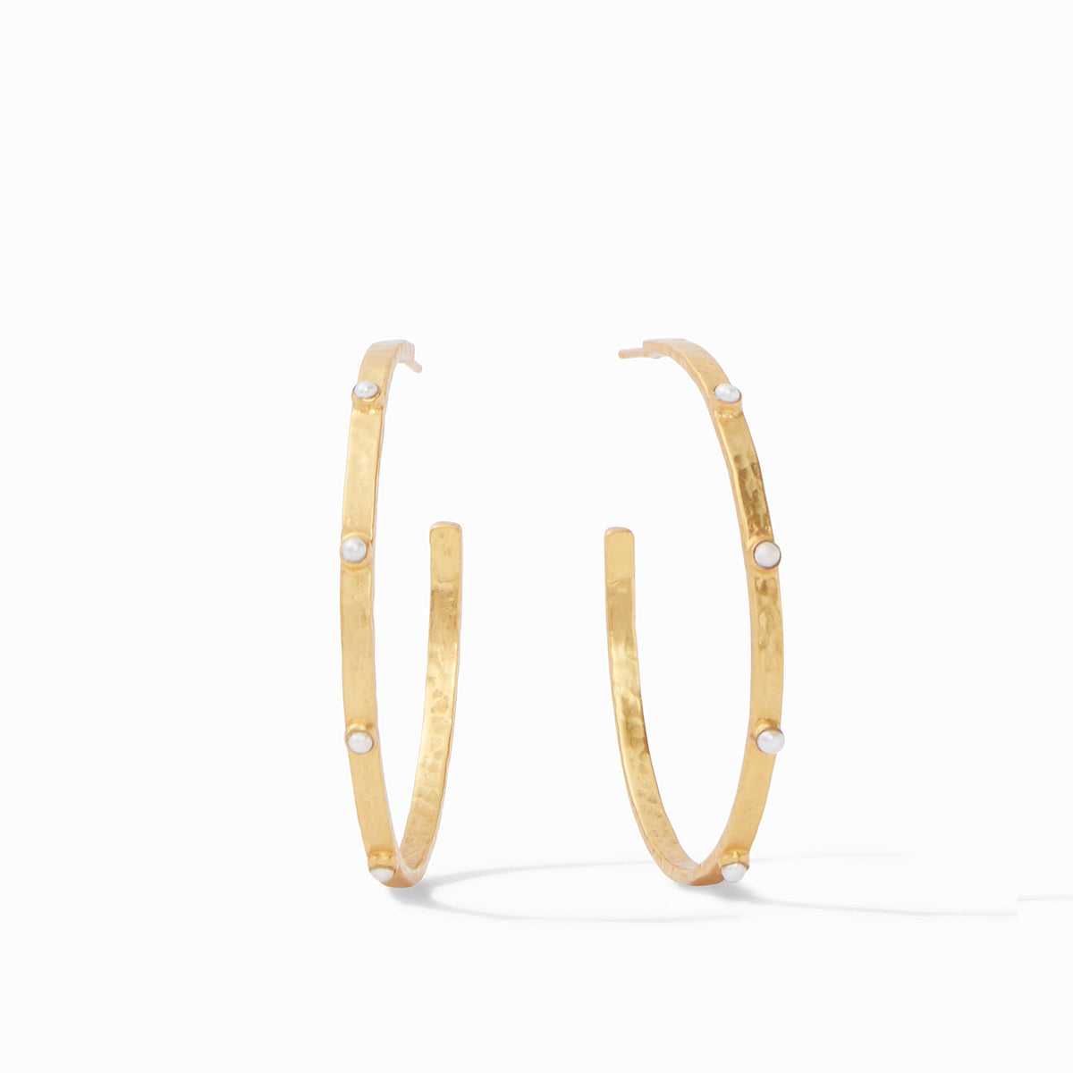 Lightly hammered gold hoop earring with gemstone accents featuring a crescent silhouette and Julie Vos hallmark.