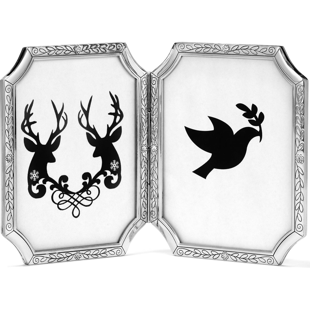 Silver-plated Tapestry Double Frame with floral engraving and deer and dove silhouettes.