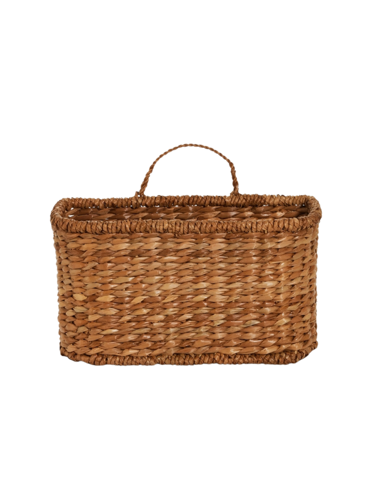 Rectangular woven water hyacinth basket with a single arched handle.