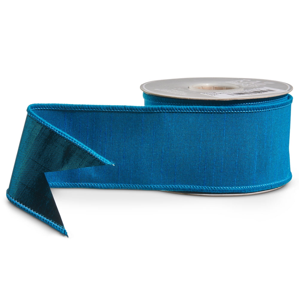 A spool of blue polyester wired ribbon measuring 2.5 inches wide by 10 yards long.