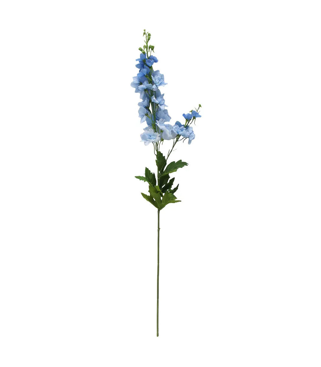 Real Touch Delphinium artificial flower arrangement with green stems in a clear vase.