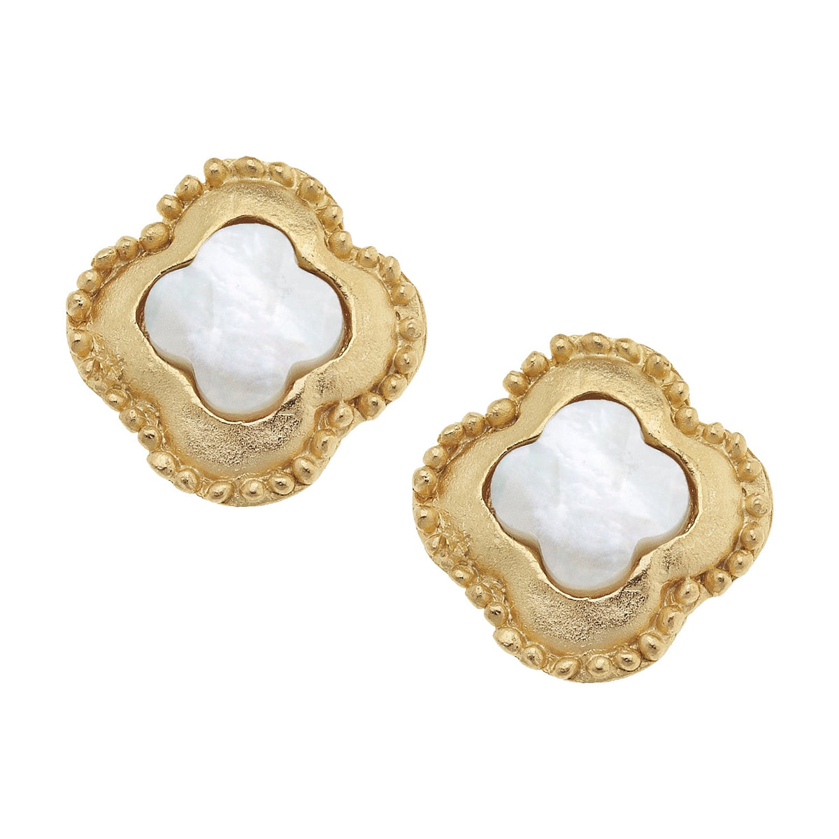 Gold-tone stud earrings shaped like a camellia flower with clover accents.