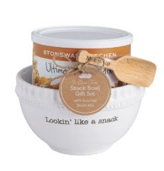 Textured ceramic snack bowl with engraved wood scoop