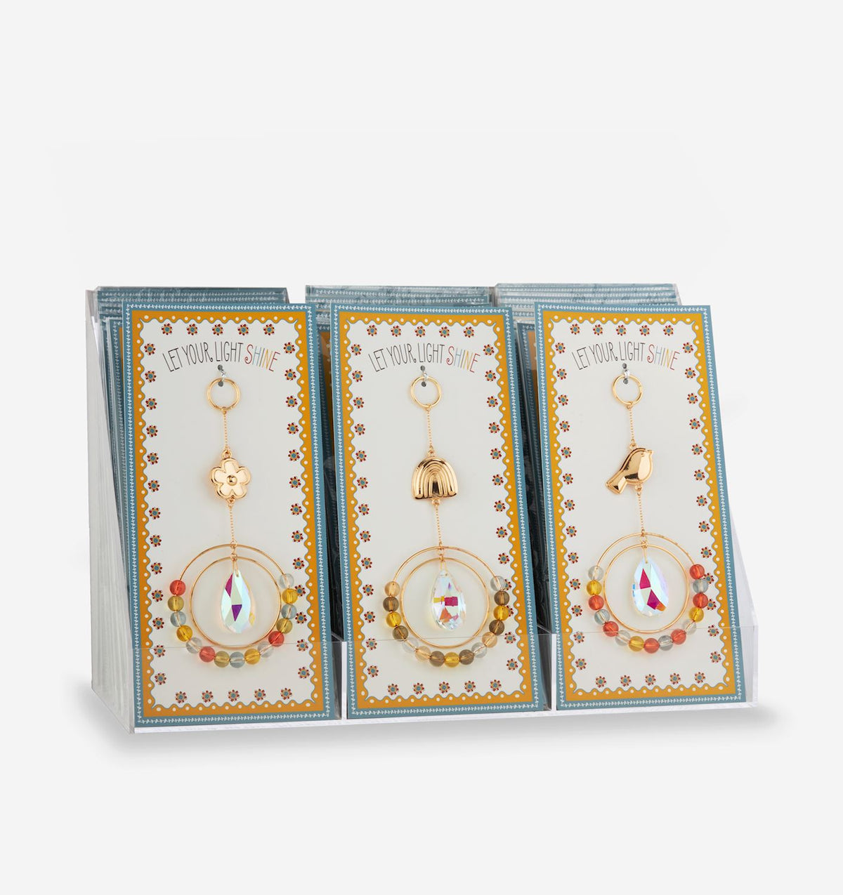 Hanging suncatcher with acrylic beads in pastel colors featuring a smiling face silhouette on an alloy frame.