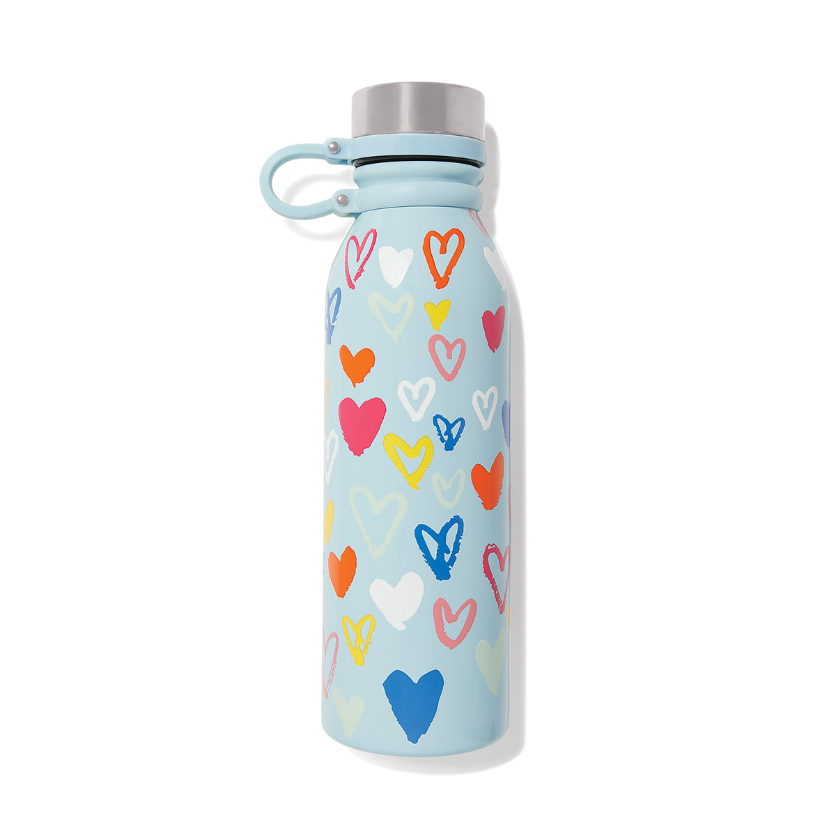 Multi-colored stainless steel double-wall insulated water bottle with a cylindrical shape.