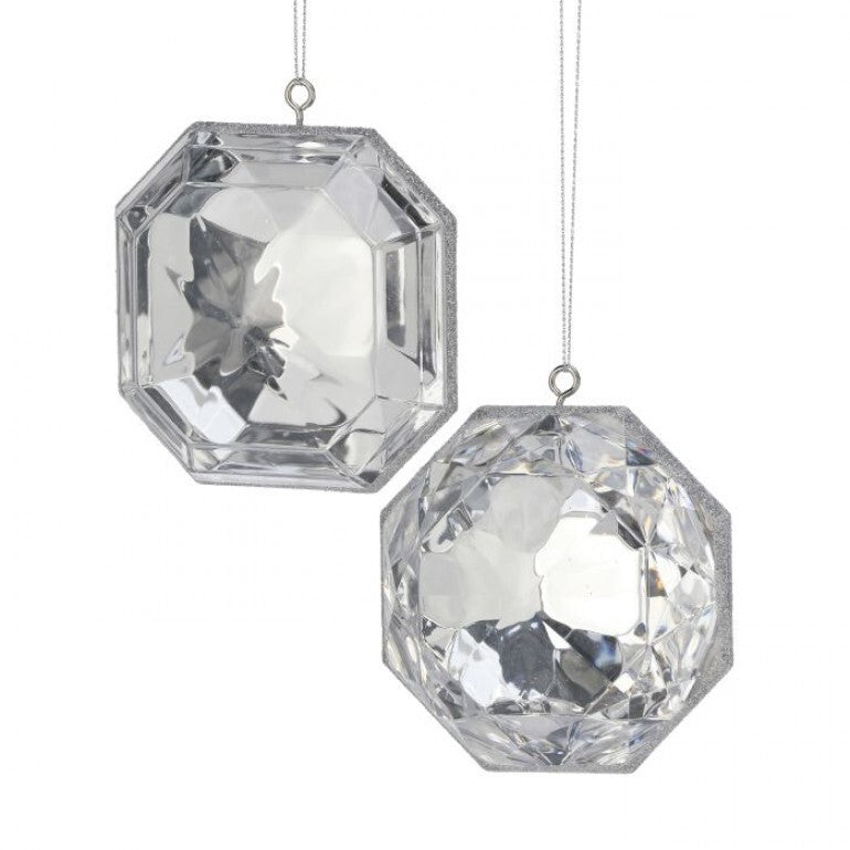 Two 4-inch clear acrylic precious gem ornaments with silver glitter edges and hanging strings.