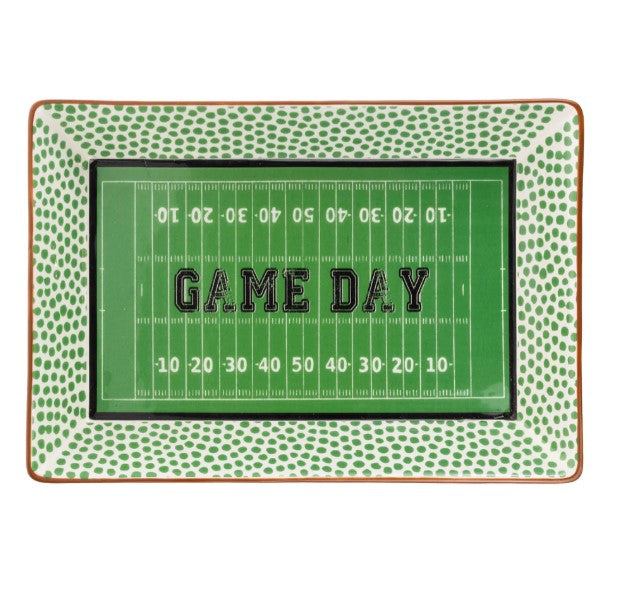 Rectangular ceramic platter with a green football field design and 'GAME DAY' text in the center.