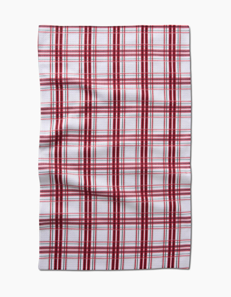 Recycled polyester waffle weave kitchen tea towel with single-sided holiday print.