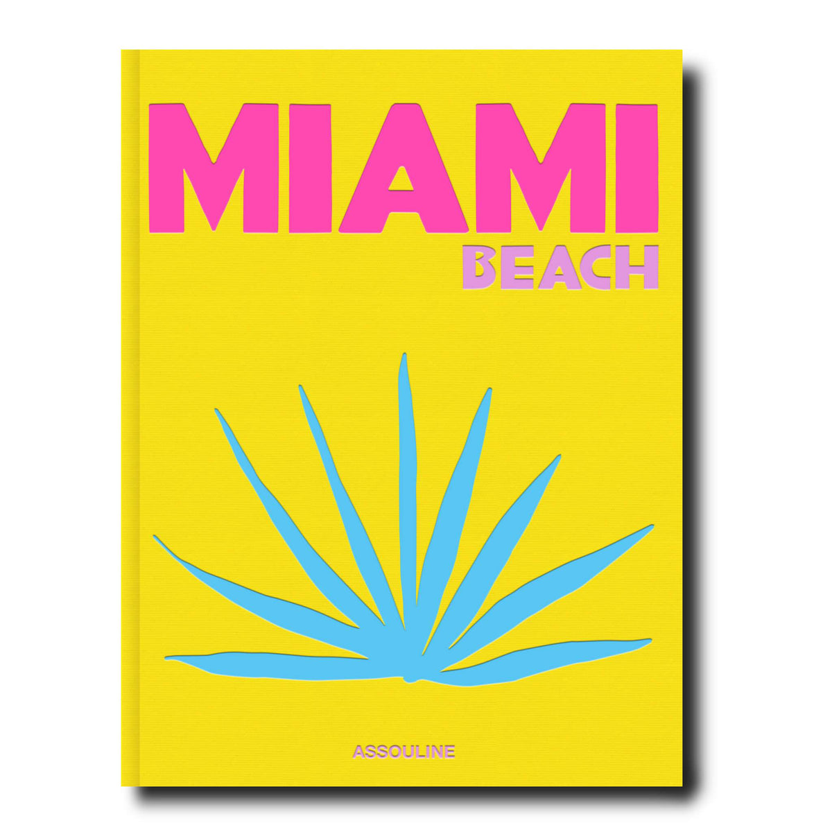 Linen hardcover book titled Miami Beach with a beige cover featuring tropical illustrations.