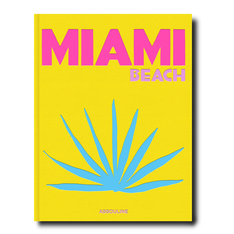 Linen hardcover book titled Miami Beach with a beige cover featuring tropical illustrations.