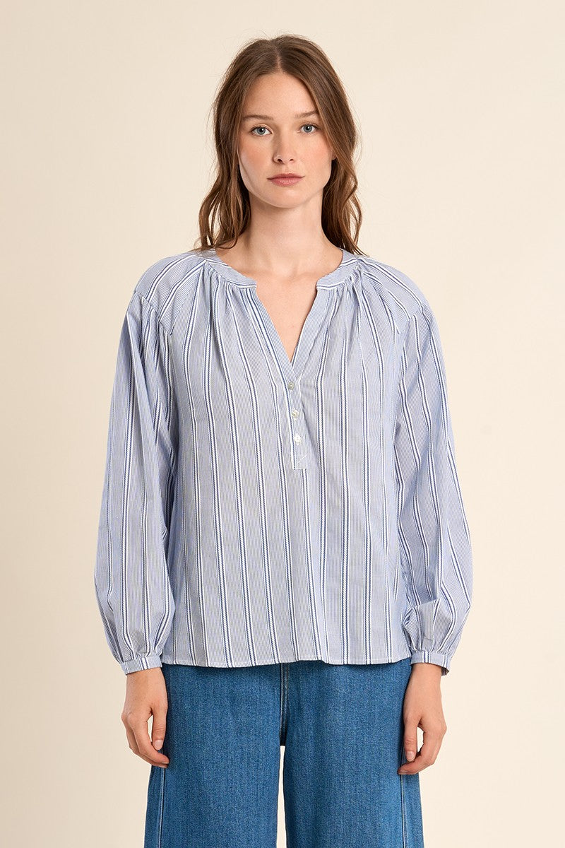 Maxine ladies woven blouse in light beige cotton with a relaxed fit.
