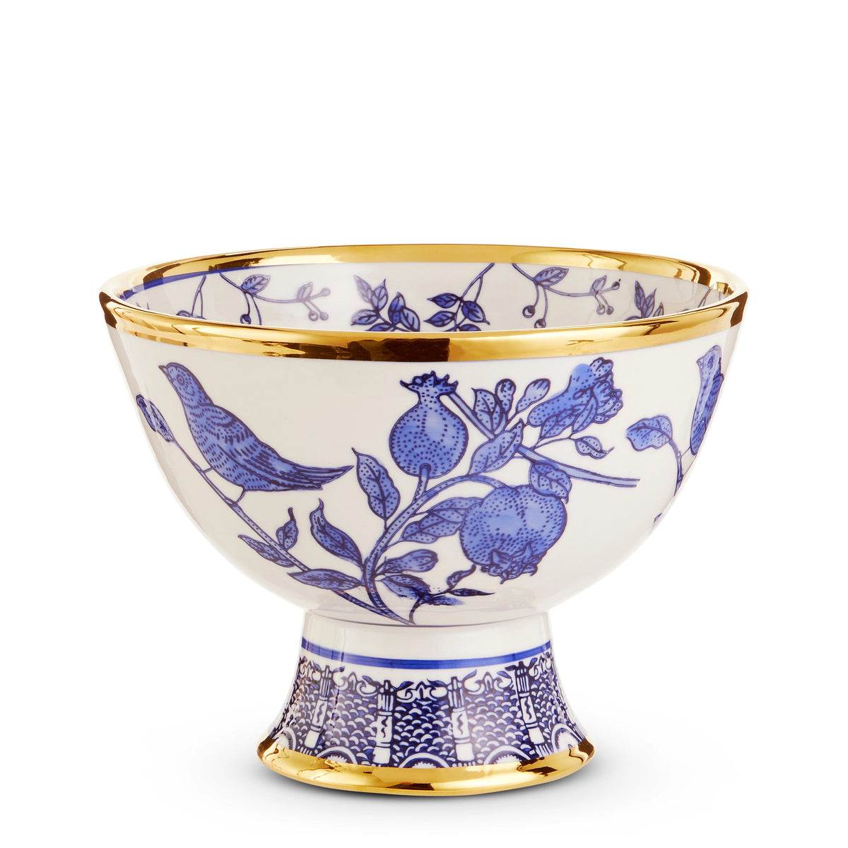 6-inch white clay bowl with blue bird and pomegranate designs, gold rim, and a patterned pedestal.