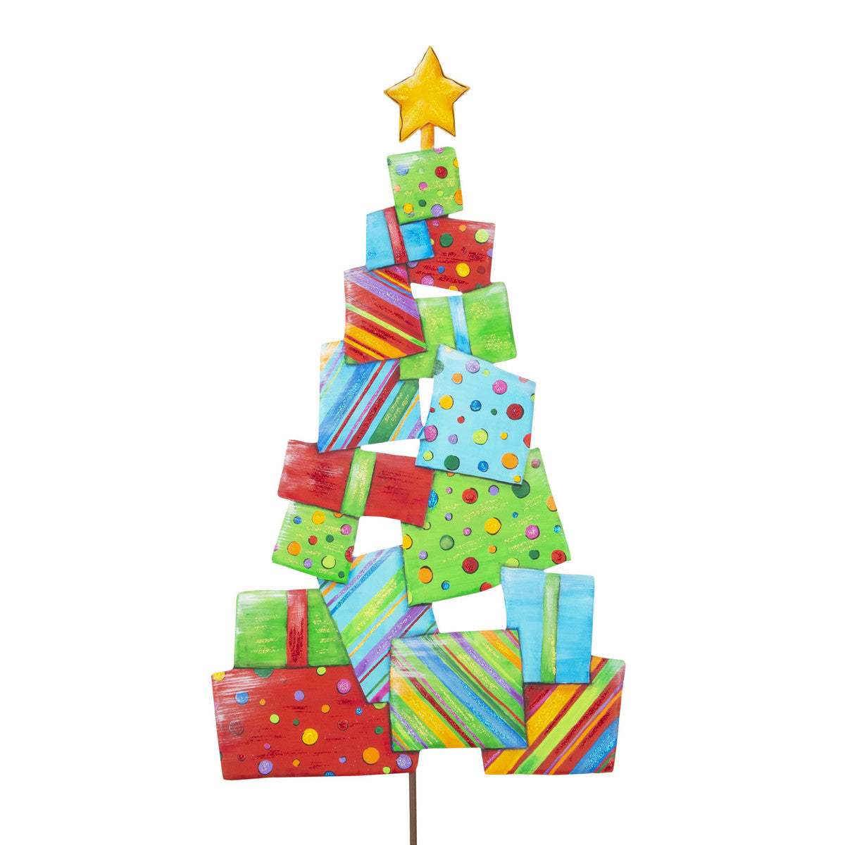 Merry & Bright Tree of Packages ornament in green with white gift boxes on a branch.