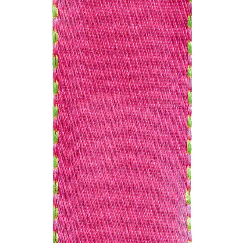 Close-up of a 1-inch wide pink satin wired ribbon with lime green stitched edges.