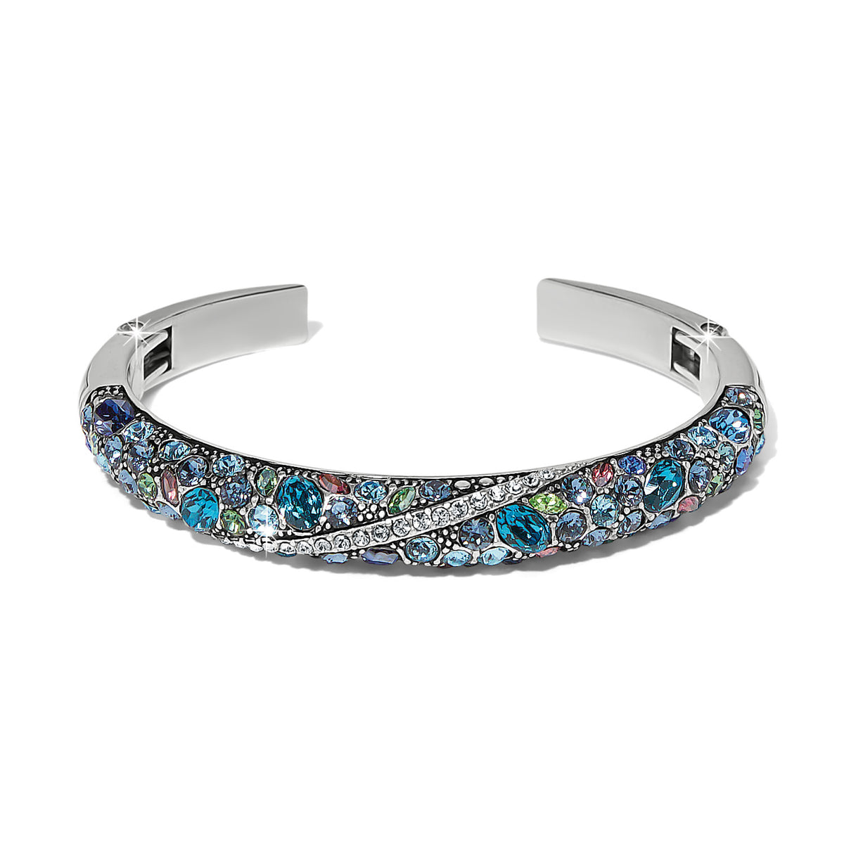 Silver-plated double hinged bangle featuring a mosaic of blue, green, and pink crystals.