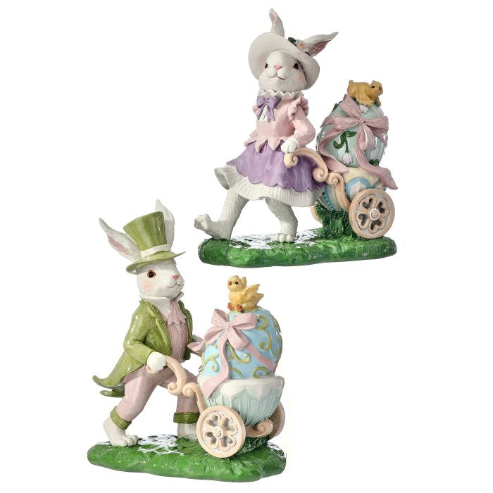 9-inch resin bunny figurine with egg cart in pastel pink and white.