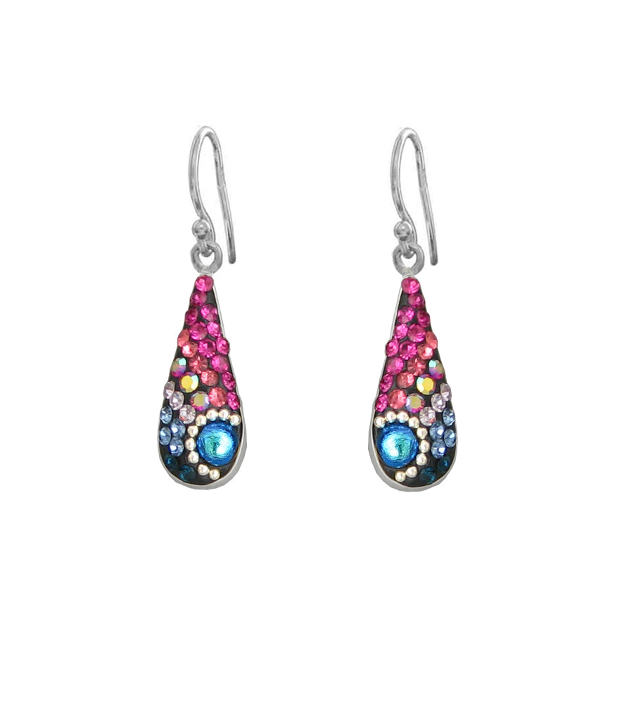 Sterling silver short teardrop earrings featuring a colorful gradient of Austrian crystals.