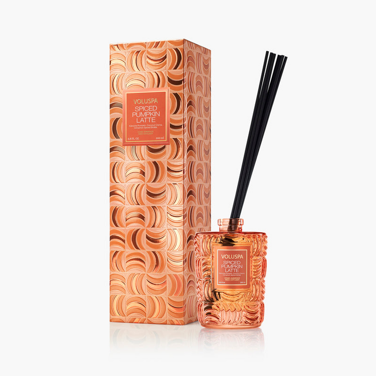 Voluspa Spiced Pumpkin Latte 200ml reed diffuser in an orange glass bottle with matching box.