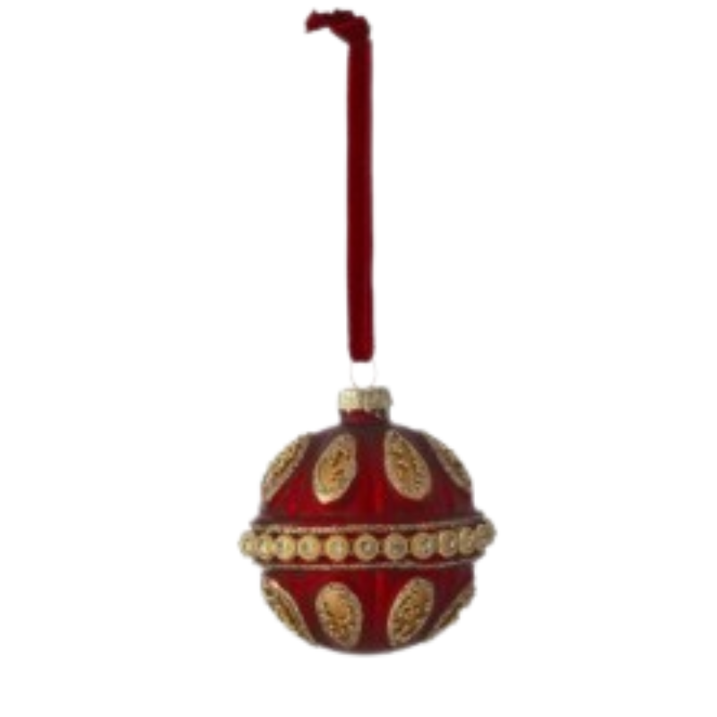 2.5-inch red glass ball ornament with gold jewel accents and a red velvet hanging ribbon.
