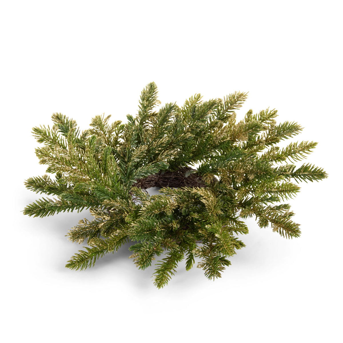 10-inch green pine mini wreath candle ring with gold glitter finish on a white background.