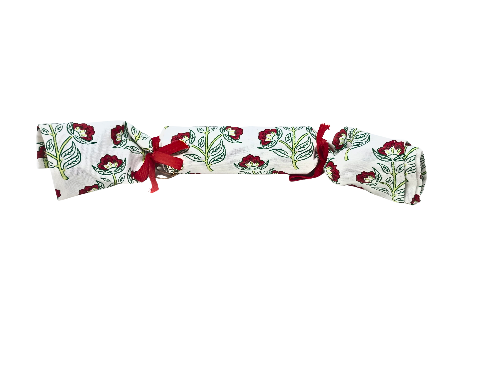 Rolled Christmas block print cotton towel with red floral design and red ribbon tie.
