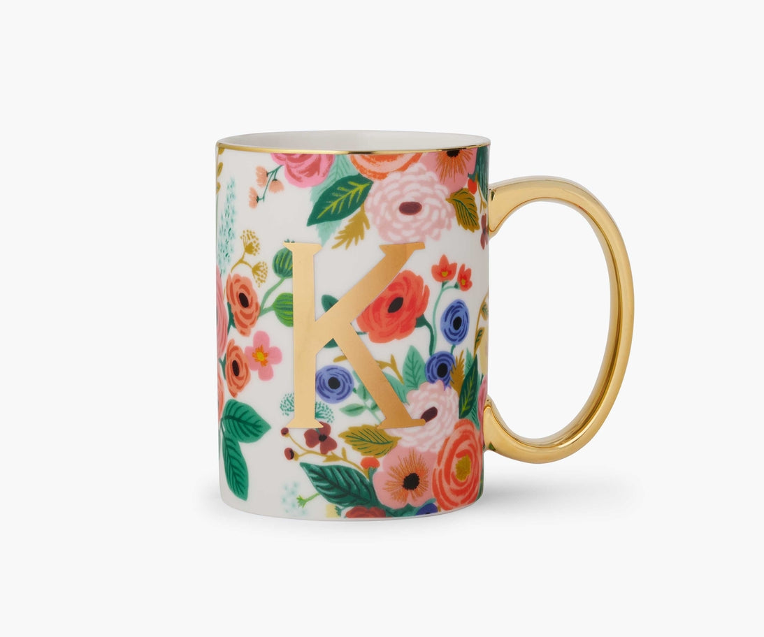 Garden Party porcelain mug with colorful floral pattern, gold handle, and gold monogram letter K.