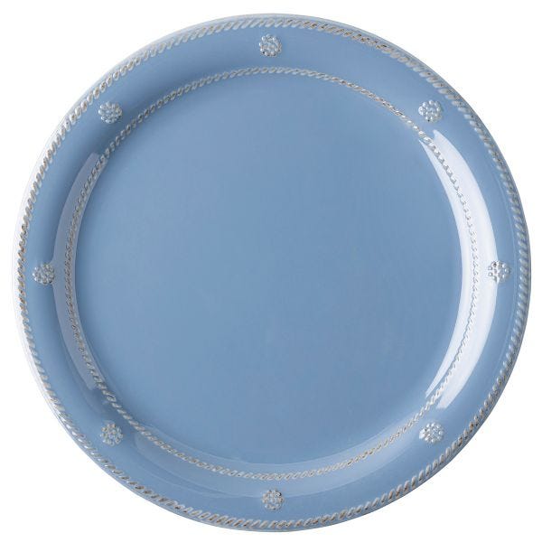 Berry & Thread Melamine Chambray Dinner Plate in light blue with scalloped rope and berry border.