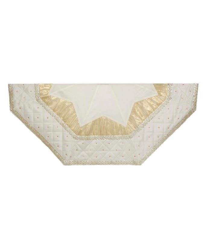 52-inch ivory Christmas tree skirt with a quilted border and gold pleated accents.
