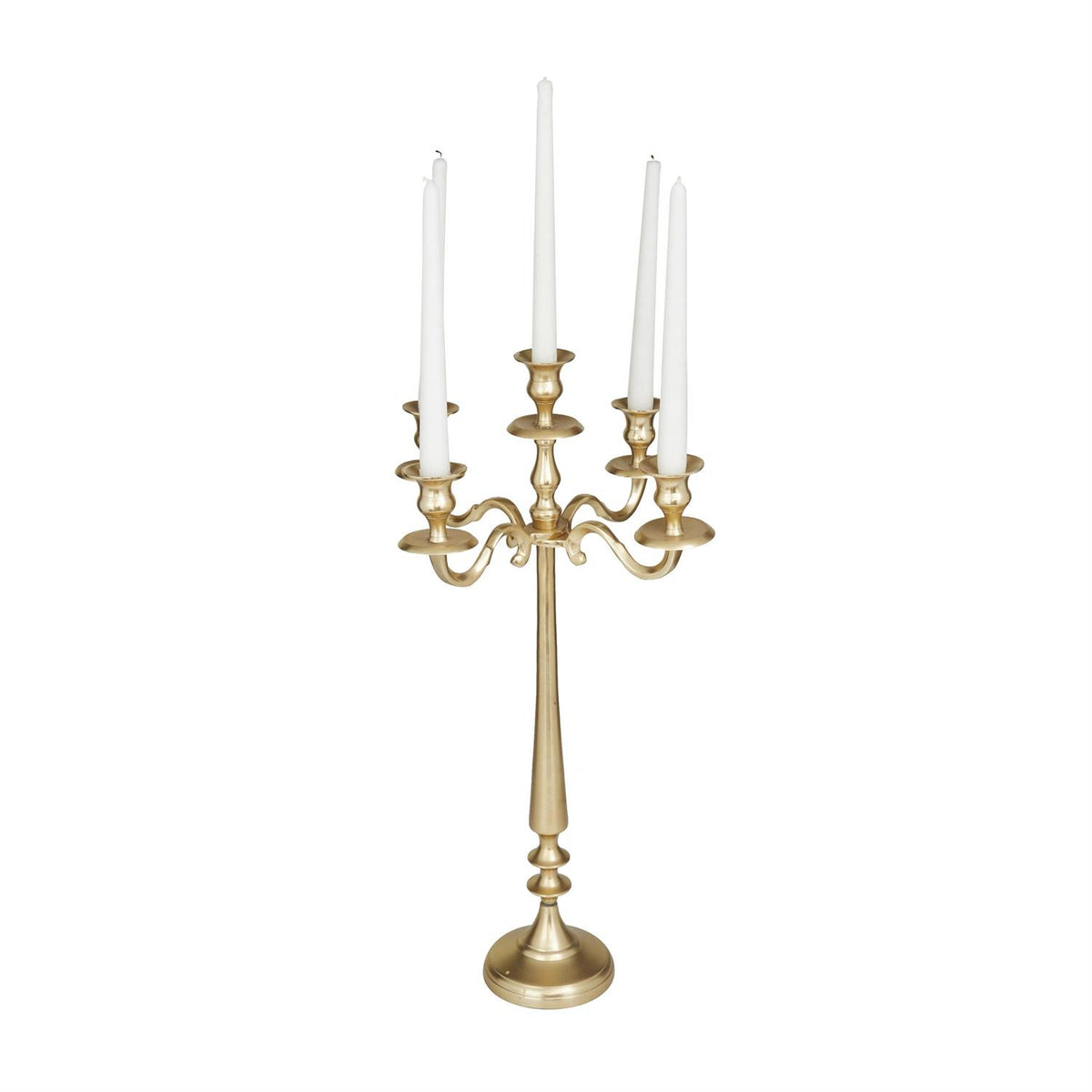 Gold aluminum metal tapered five-plate candelabra with a classic silhouette