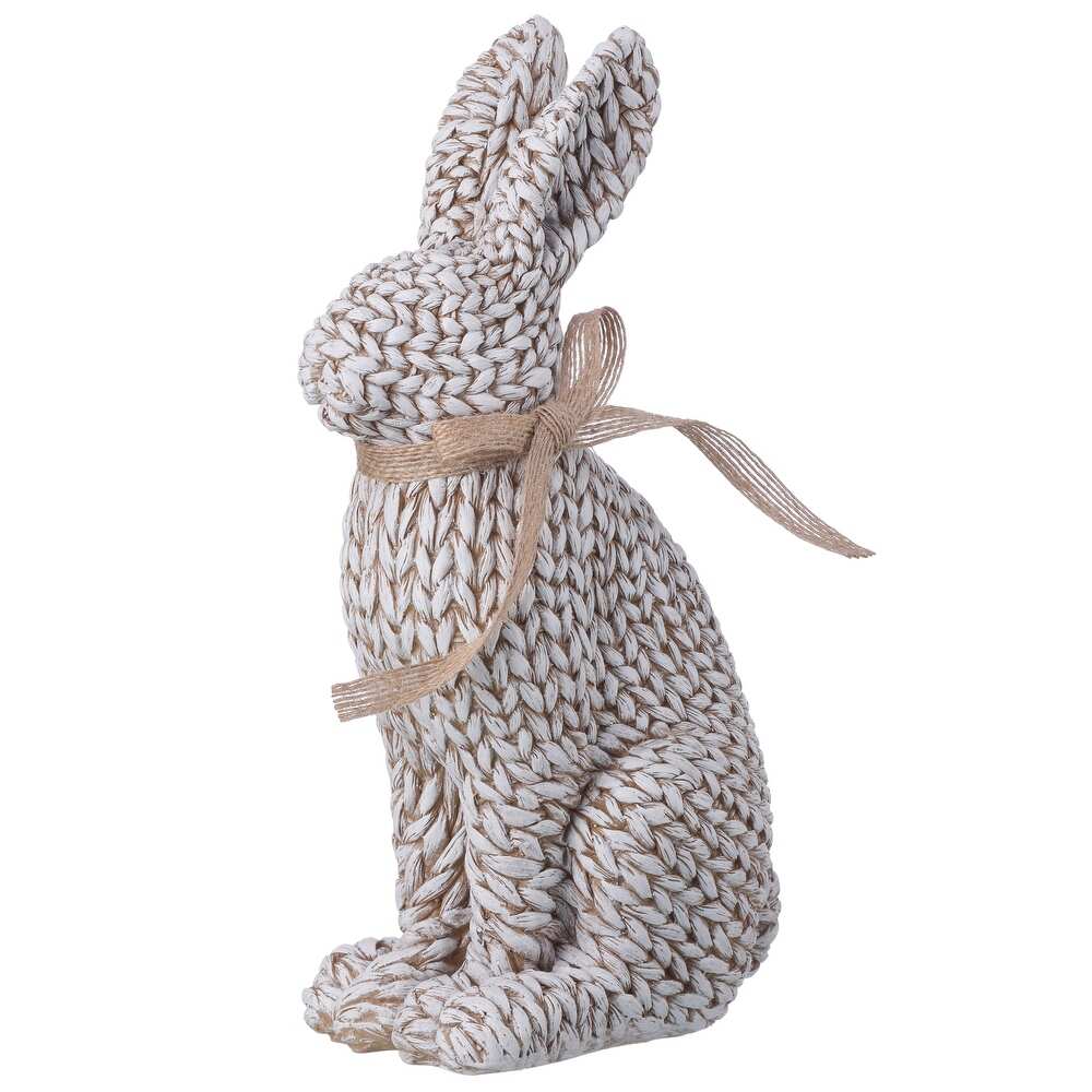 Woven resin rabbit figurine with a natural textured finish.