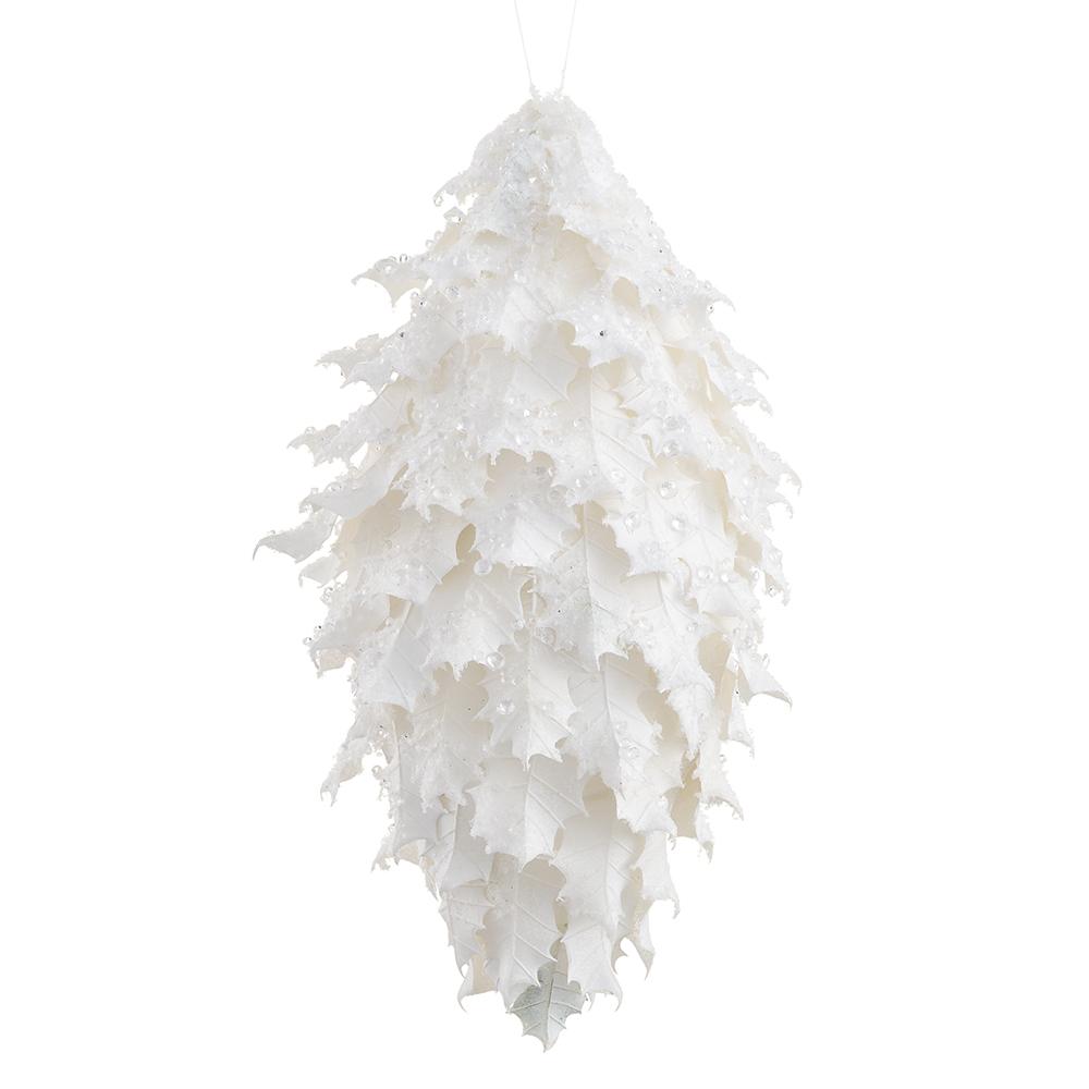 11-inch white iced holly leaf finial ornament with frosted glitter details.