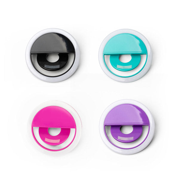 Four Modern Monkey Selfie Lights in black, teal, pink, and purple with white LED rings.