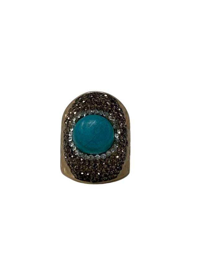 Queen of Sheba fashion ring featuring a round turquoise stone surrounded by brown and white crystals