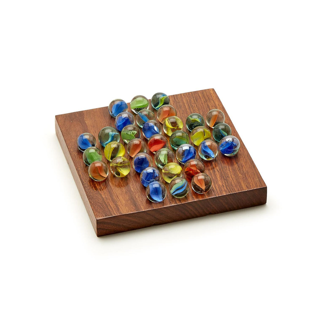 Hand-crafted acacia wood solitaire game board with colorful glass marbles.