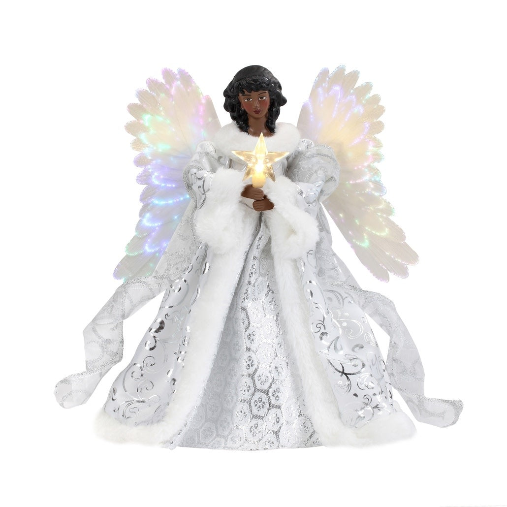 Black fiber optic animated tree topper angel with illuminated wings, ceramic head, fabric outfit, and flowing silhouette.